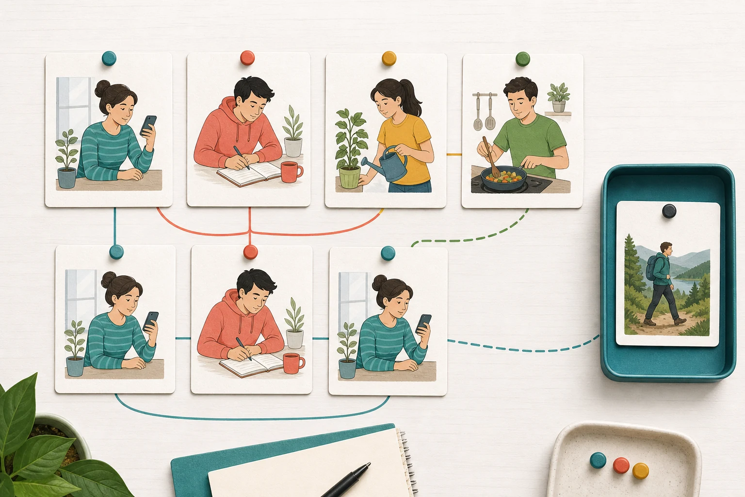 Seven ordinary scenes connected by repeated patterns with one strong counterexample kept in a separate tray