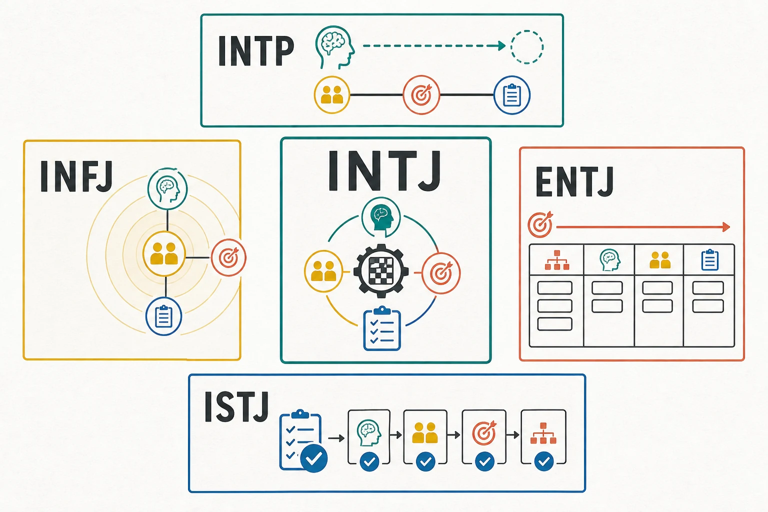 INTJ 与 INTP、INFJ、ENTJ、ISTJ 的相邻类型比较