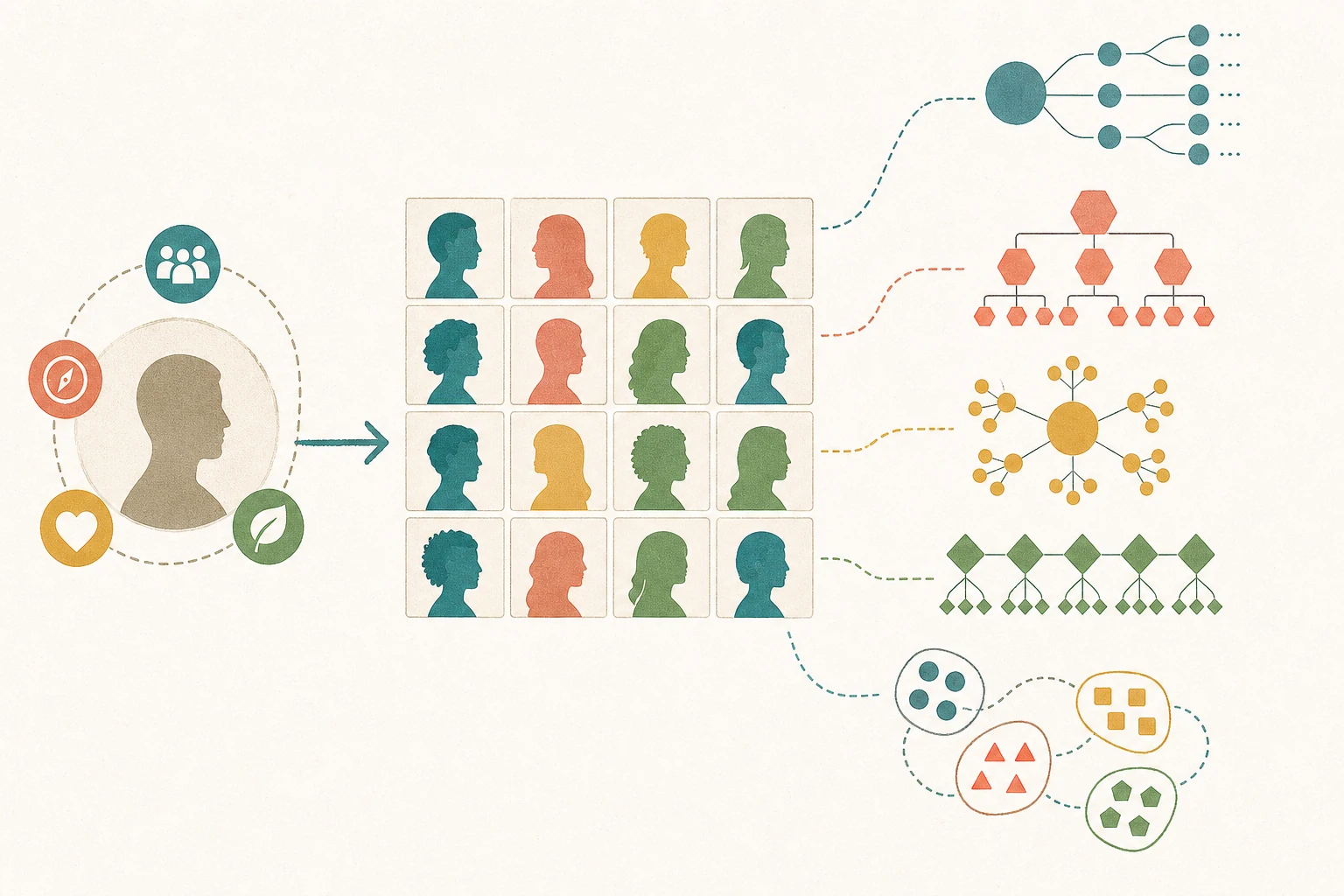 One set of sixteen personality combinations branching into several different subdivision models
