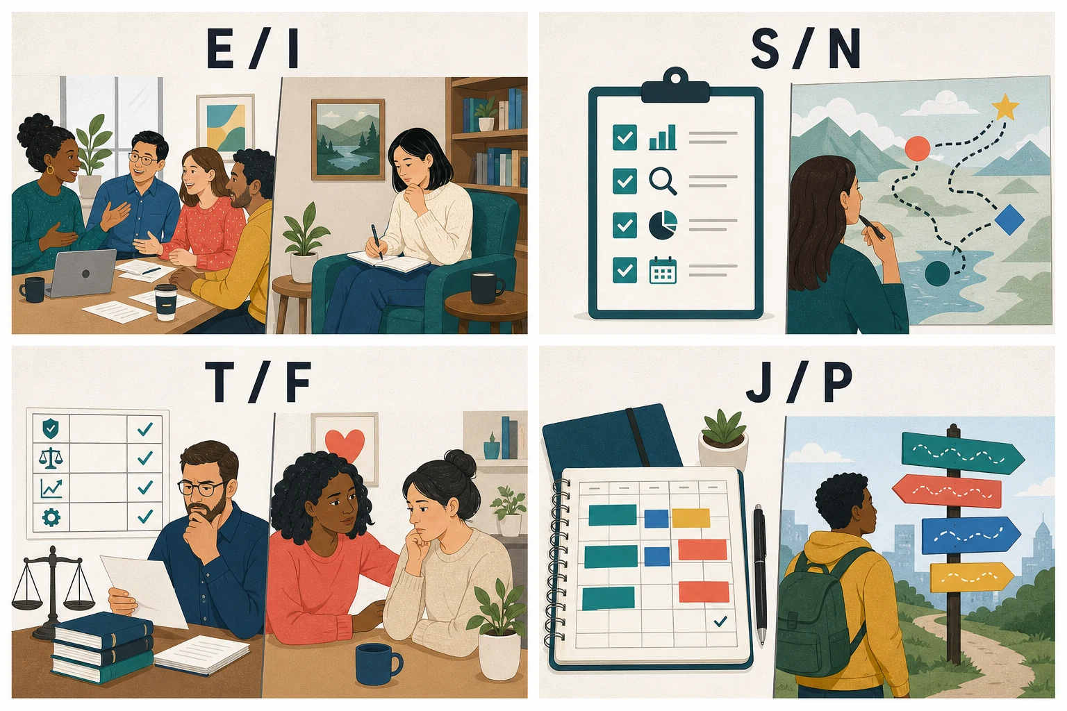 Four MBTI letter pairs shown in ordinary scenes
