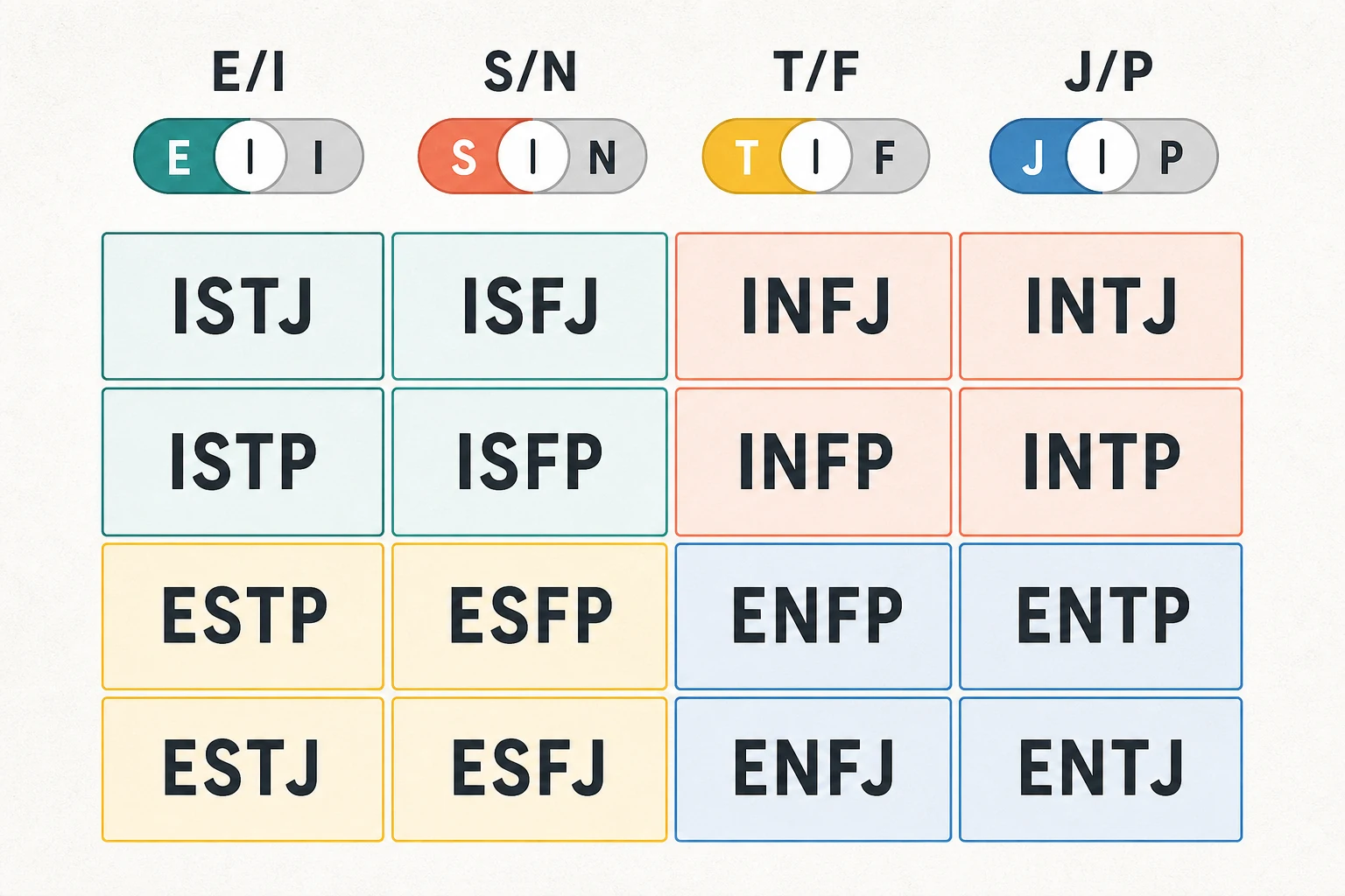 四组偏好组合成 16 种 MBTI 类型